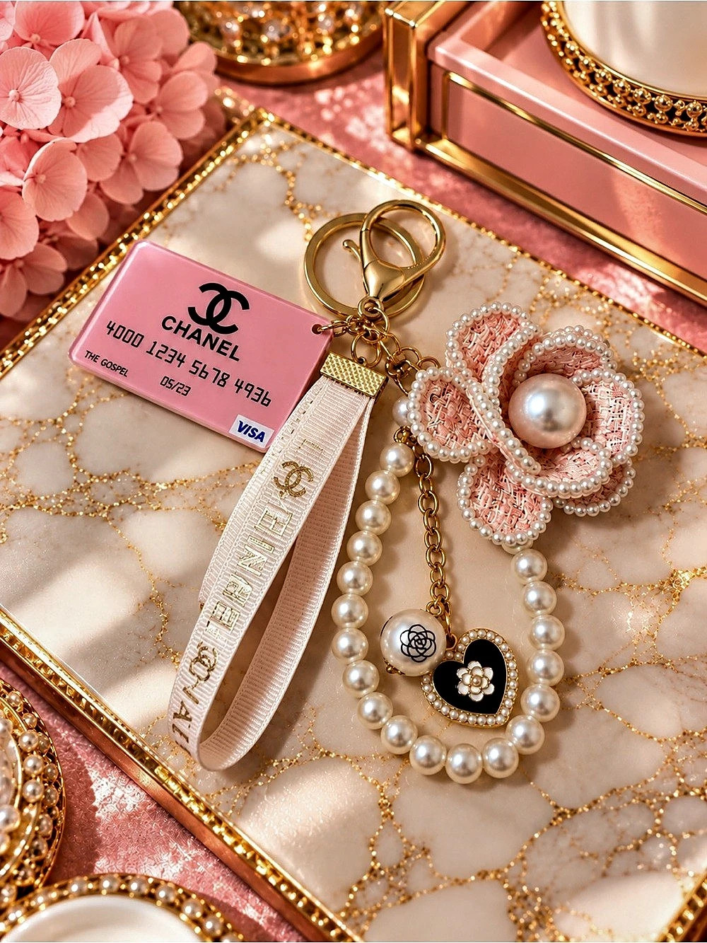 Hand-Assembled Pink Pearl Camellia Credit Card Bag Charm Keychain